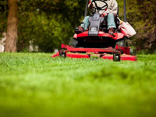 Gardener in the park on a lawn cutting tractor machine